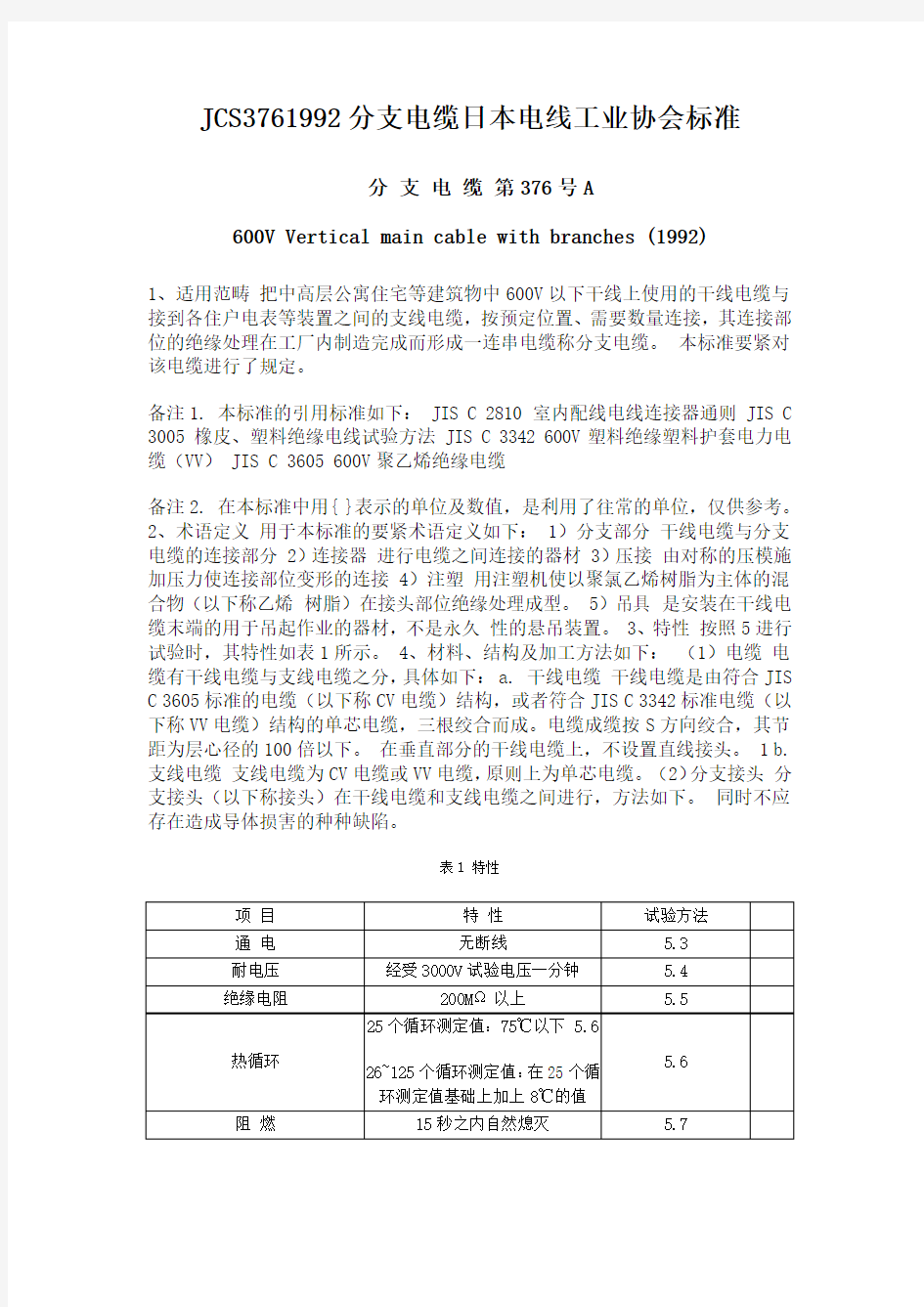 JCS3761992分支电缆日本电线工业协会标准