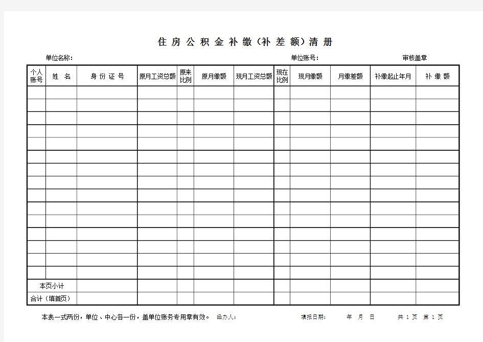 住房公积金补缴(补差额)清册