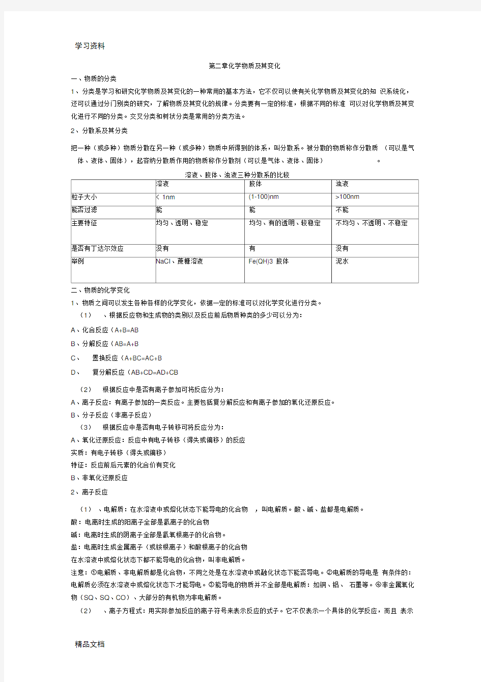 最新高中化学必修一第二章知识点总结及练习资料