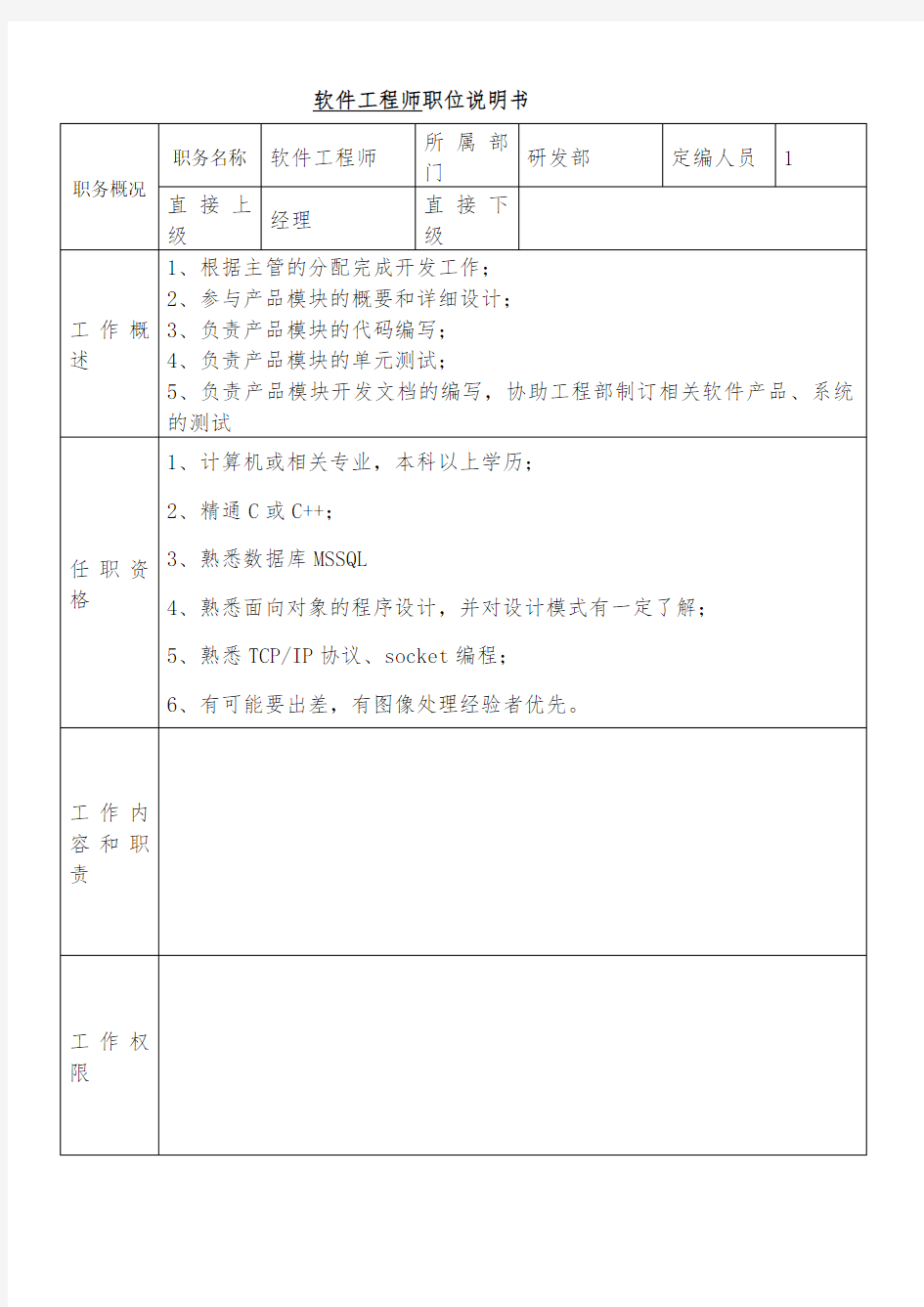 软件工程师岗位职责描述