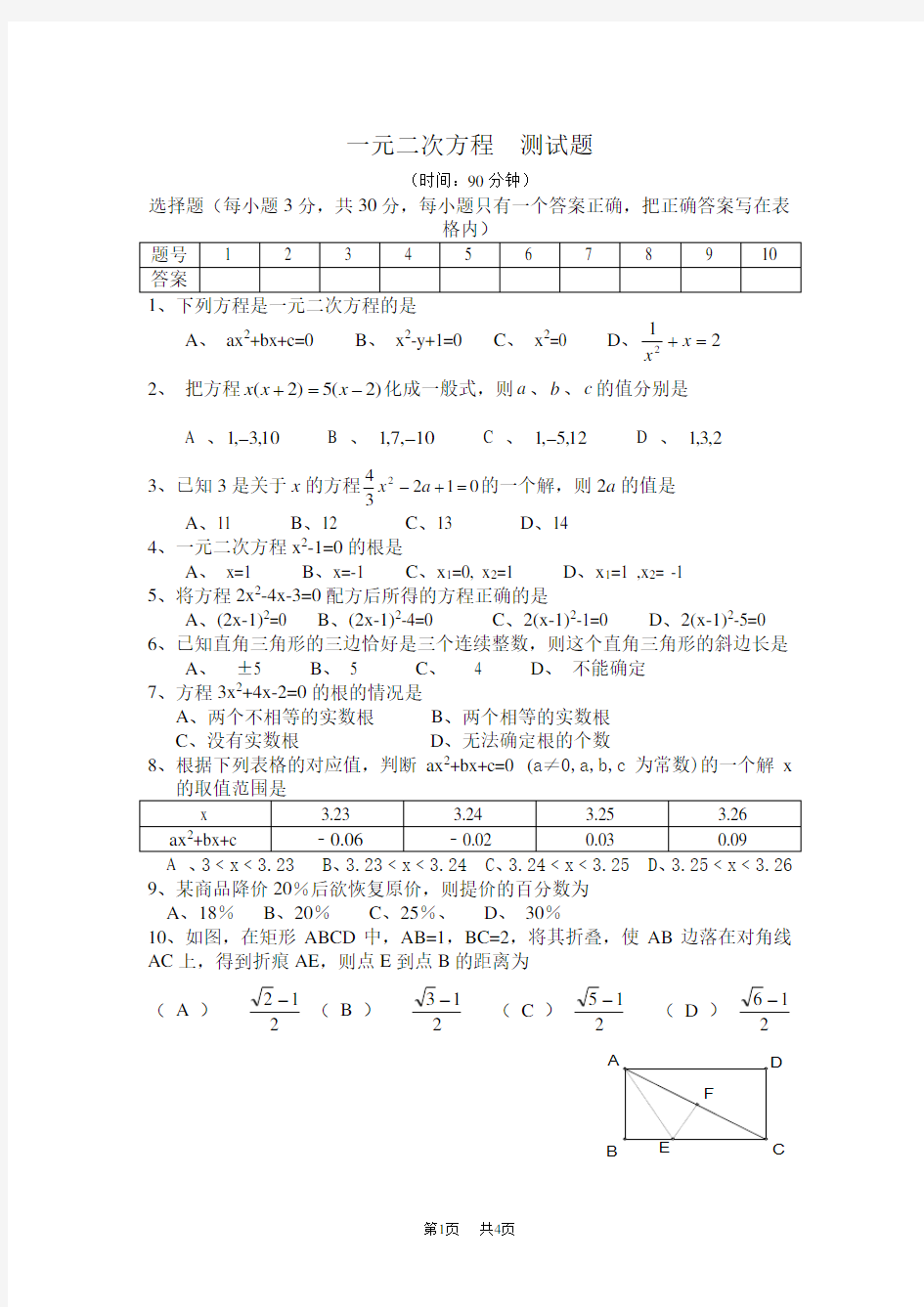 (完整版)八年级数学一元二次方程测试题