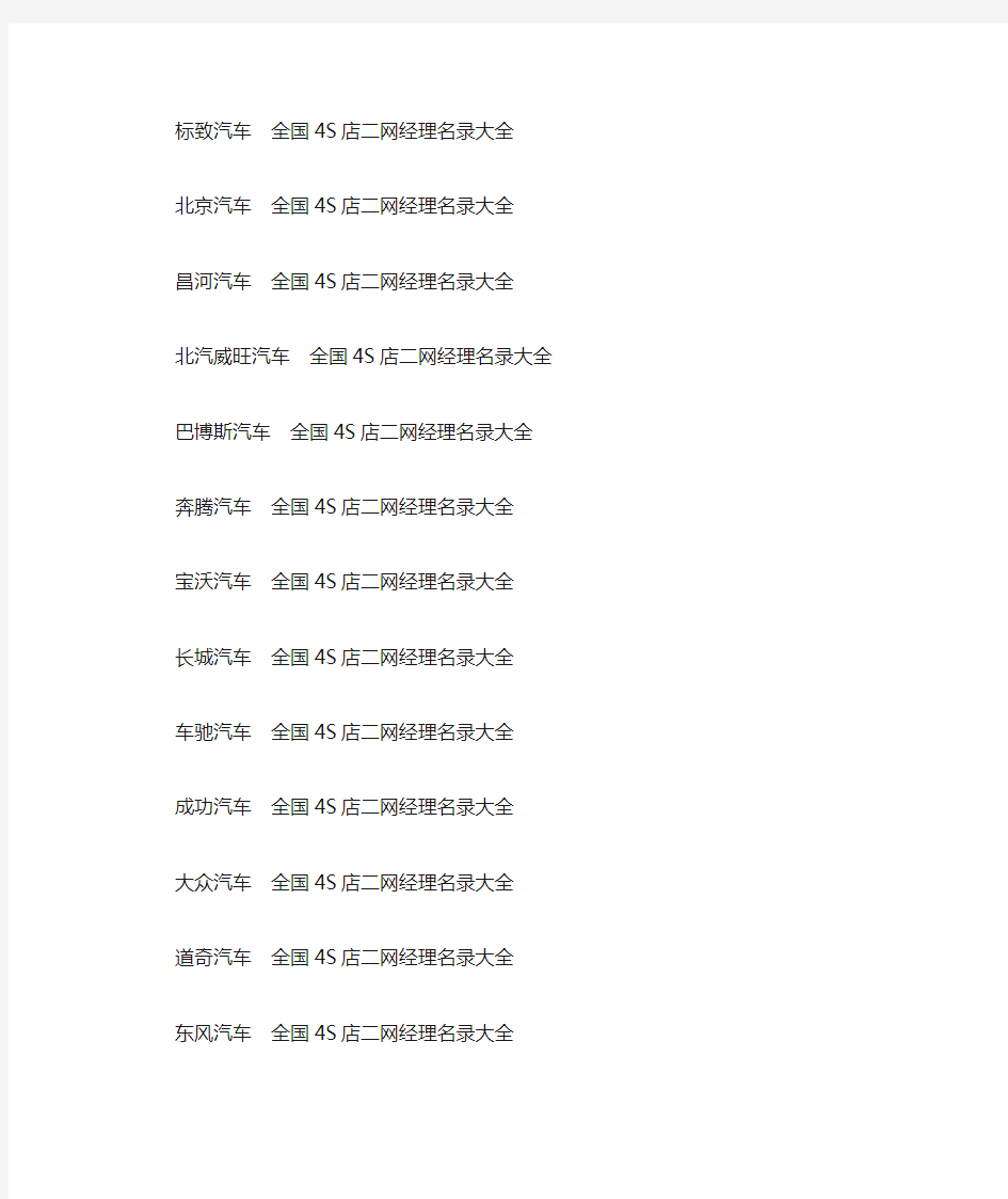 全国4S店二网经理渠道经理大客户经理名录大全