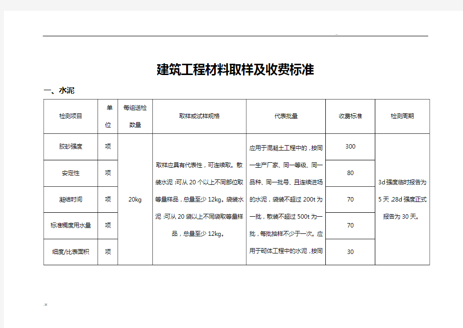 建筑工程材料取样及收费标准