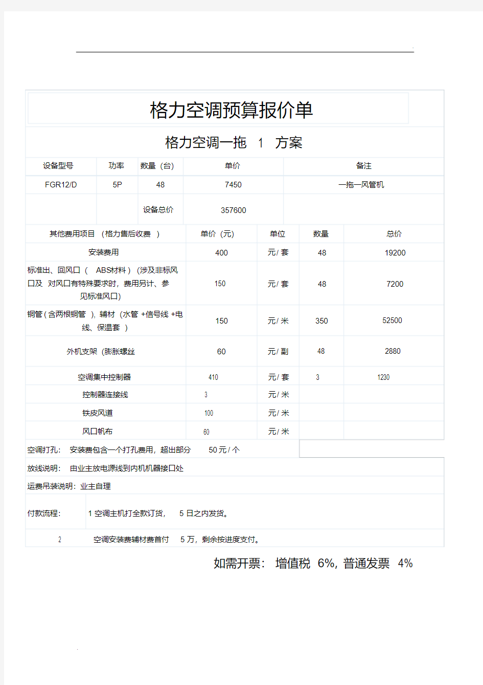 格力空调预算报价单