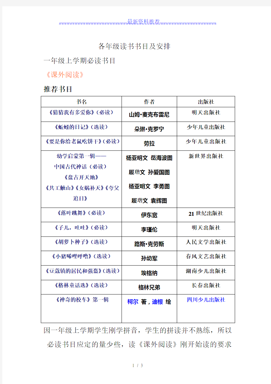 小学一年级课外阅读必读书目及选读书目