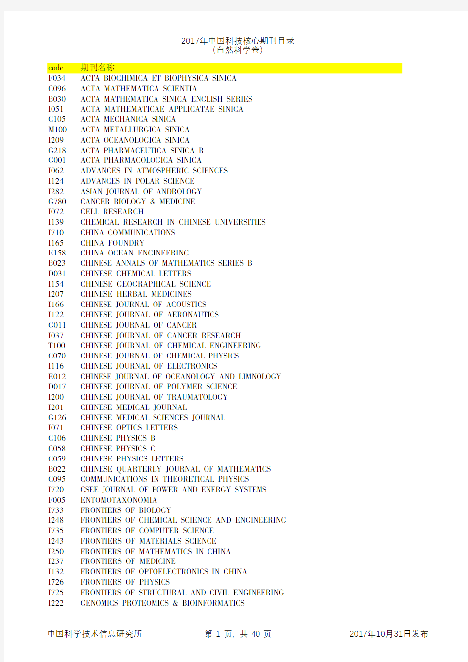 2017年中国科技核心期刊目录(自然科学卷)