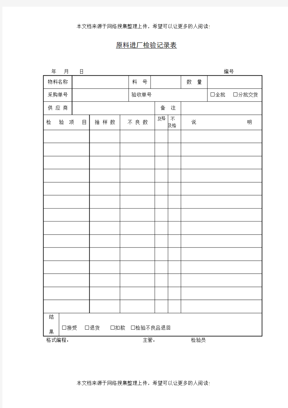 原料进厂检验记录表模板