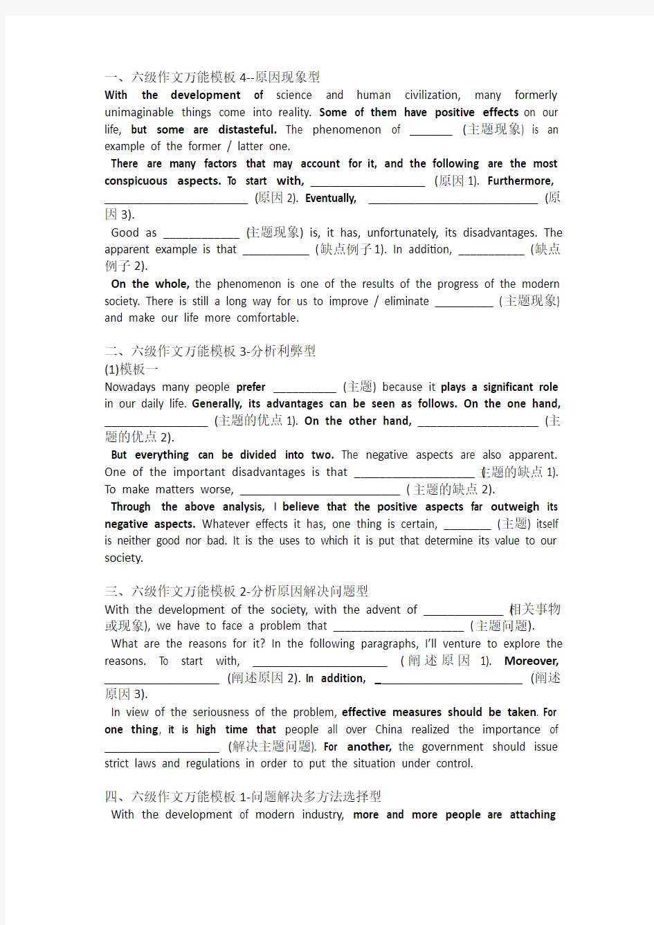 2016英语六级作文必备模板整理