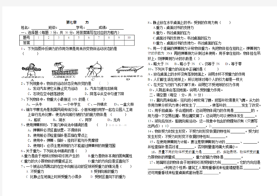 人教版八年级物理第七章单元测试题(最新整理)