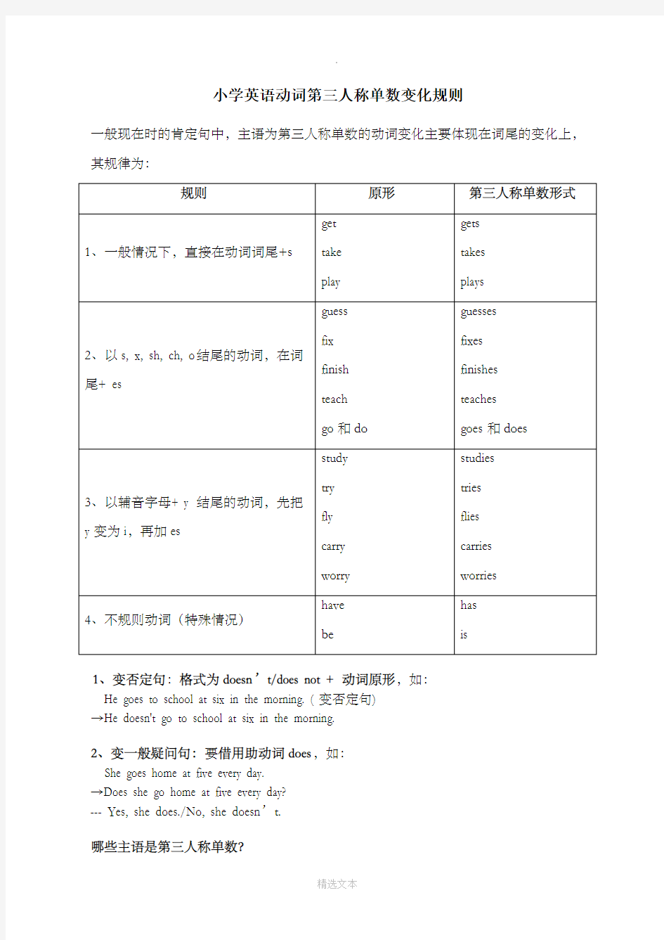 动词《第三人称单数形式》的变化规则