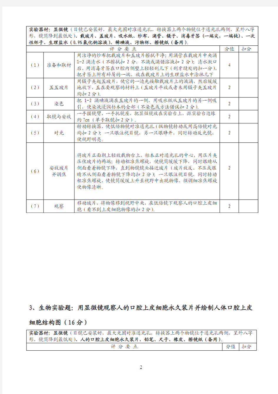 2015年河南省中招理化生实验操作考试参考评分标准生物部分(郑州市)