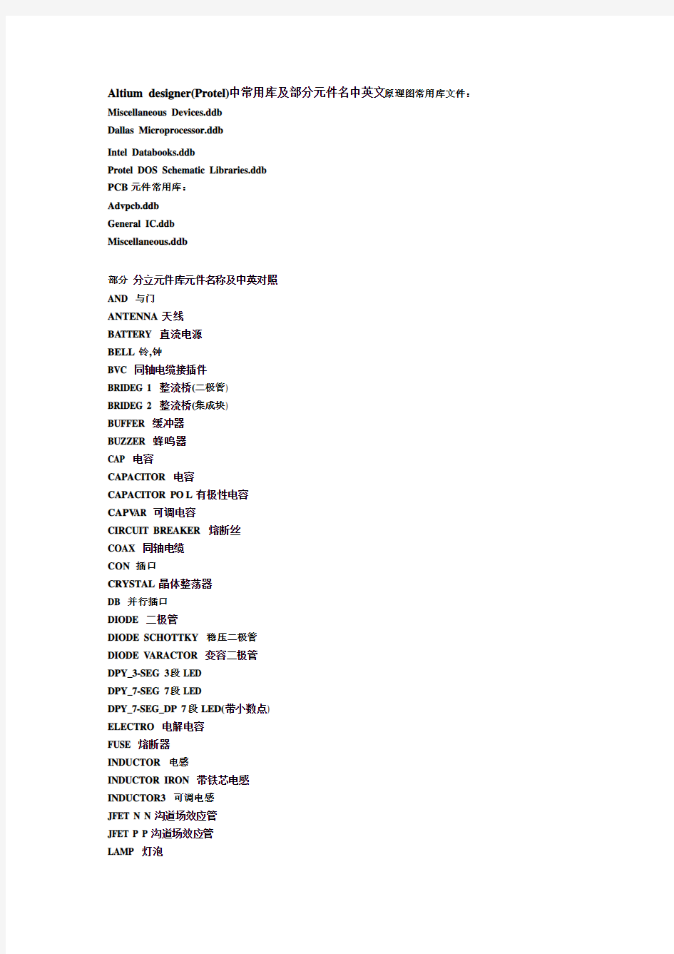 Altium_designer(Protel)中常用库及部分元件名中英文原理图常用库文件：