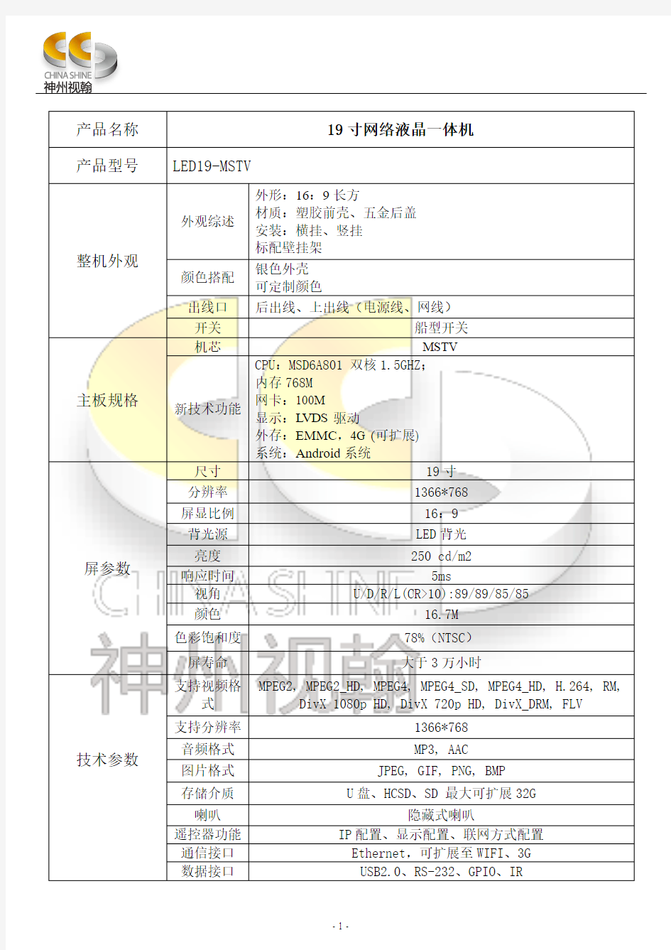 LED19-MSTV 网络液晶一体机产品报告书,视翰