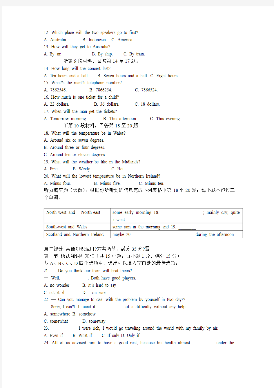 高二模块6 Unit 4单元测试题(二)