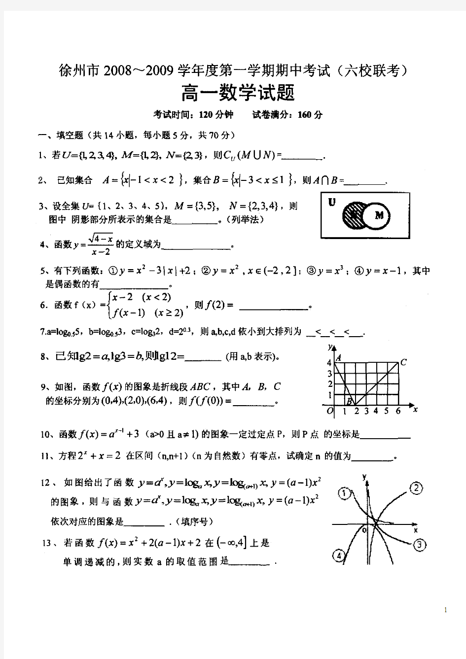 徐州市2008-2009学年度第1学期期中考试高一数学试题(6校联考)