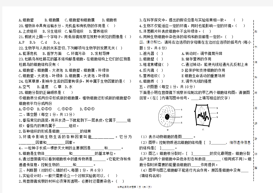 七年级生物上册期中试卷