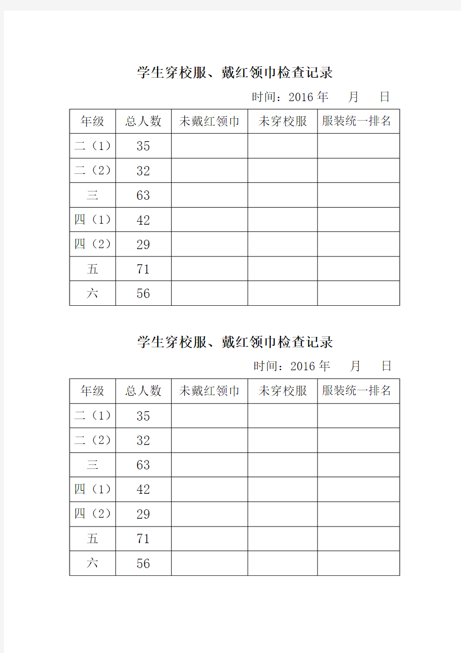 红领巾佩戴检查表