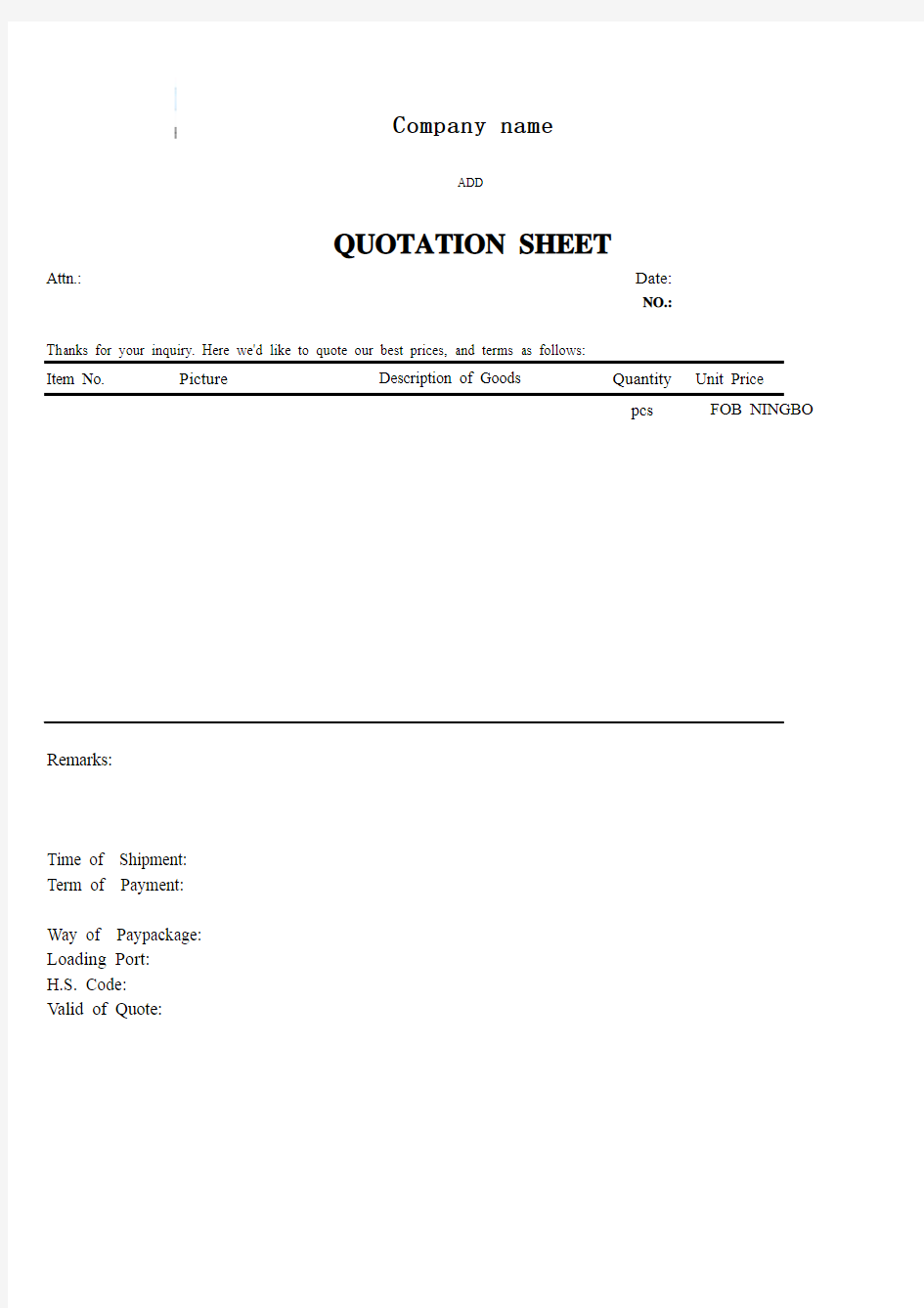 QUOTATION SHEET