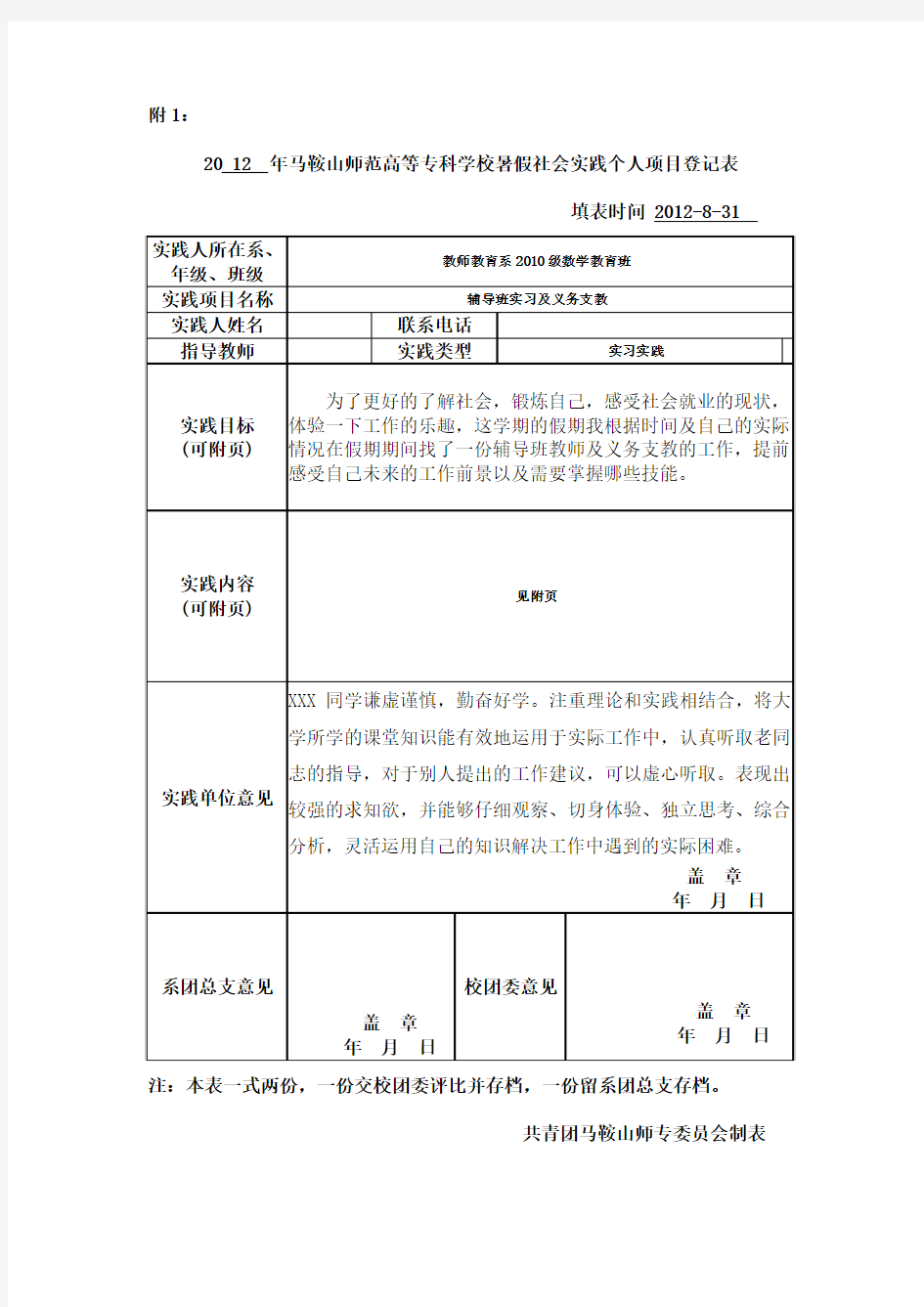 暑假社会实践个人项目登记表