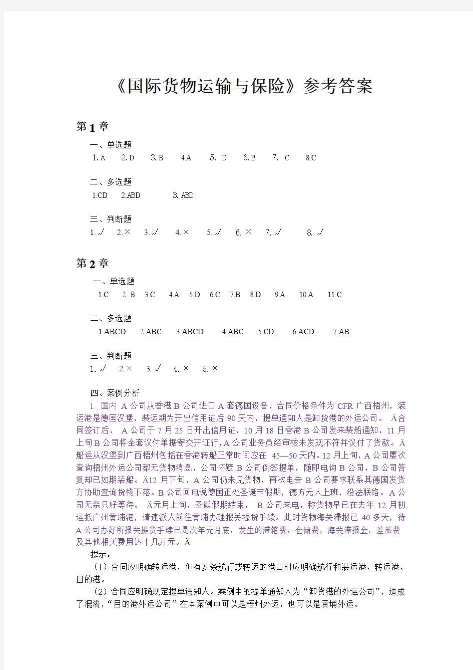 国际货物运输与保险课后 参考答案