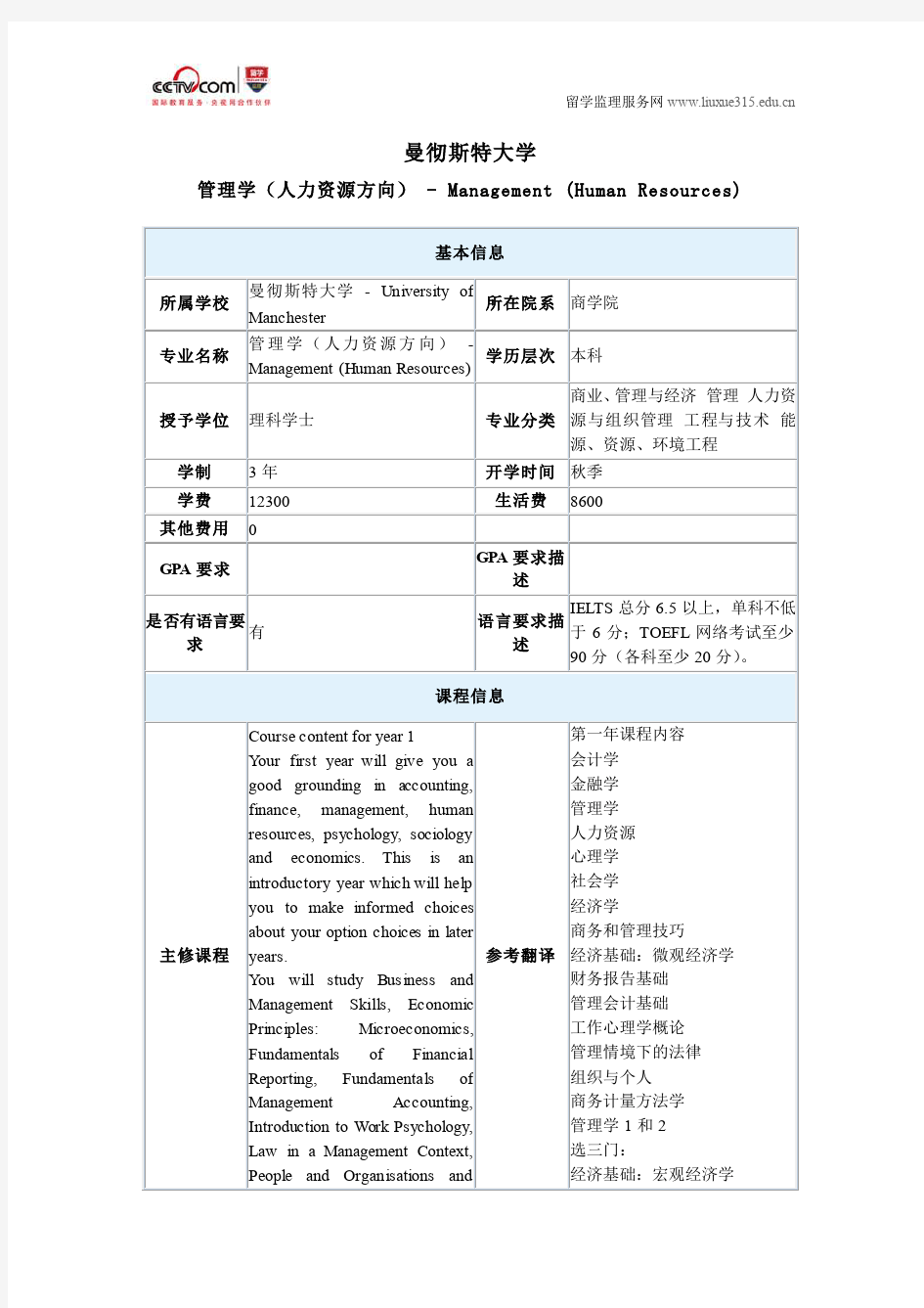 曼彻斯特大学管理学(人力资源方向)本科