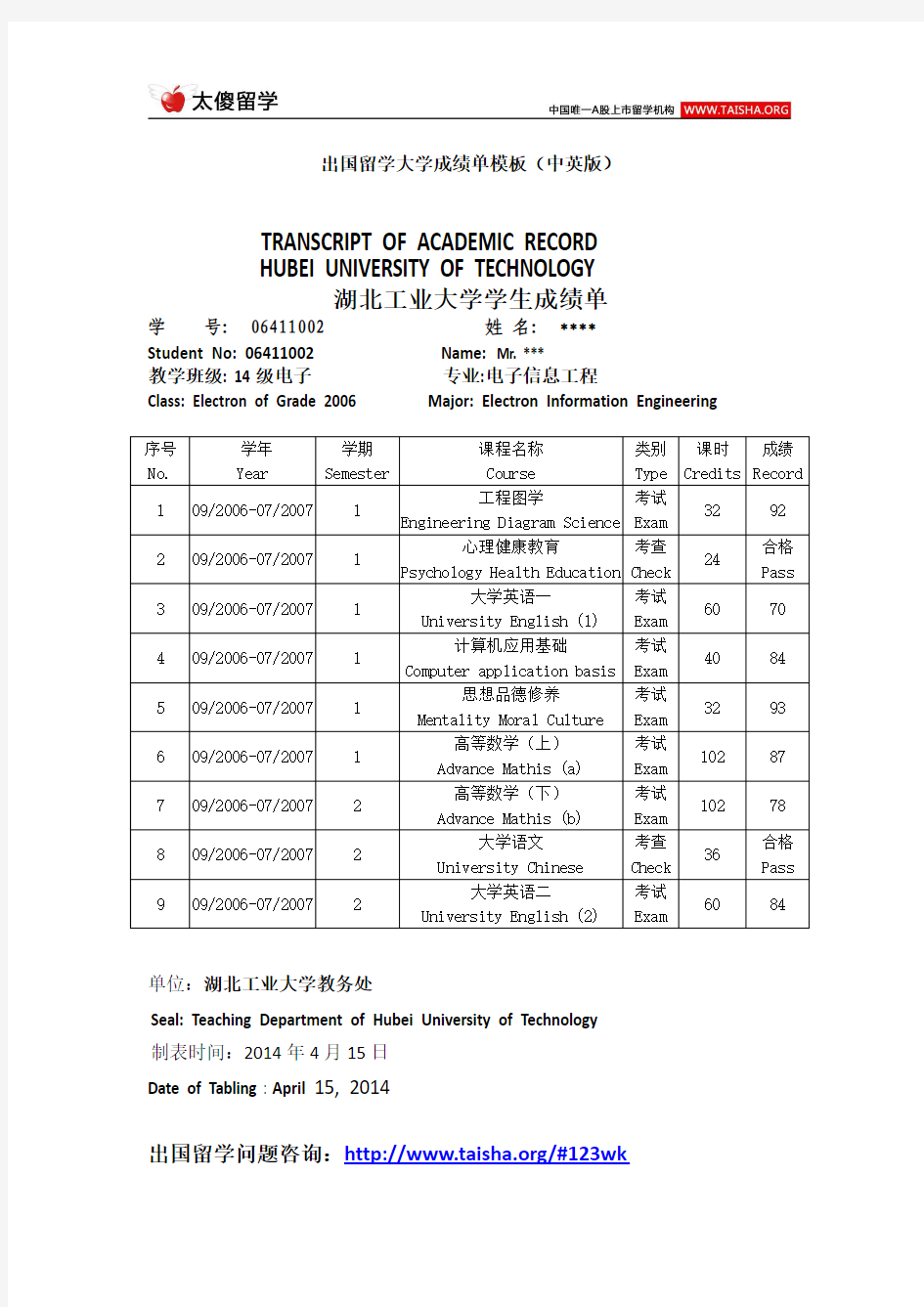 出国留学大学成绩单模板(中英版)