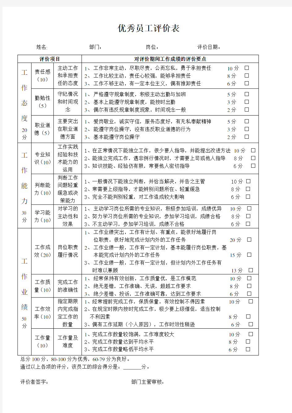 优秀员工评价表