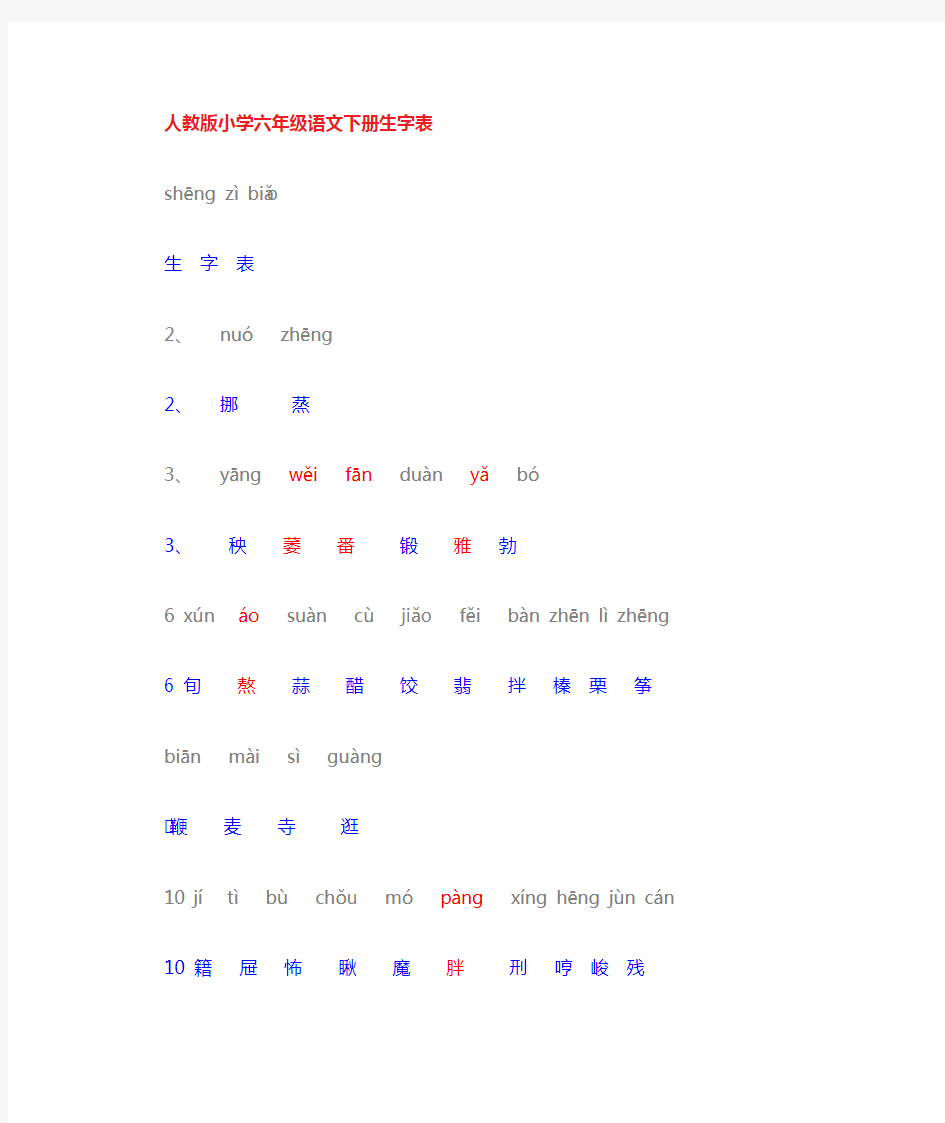 人教版小学语文六年级下册生字附拼音