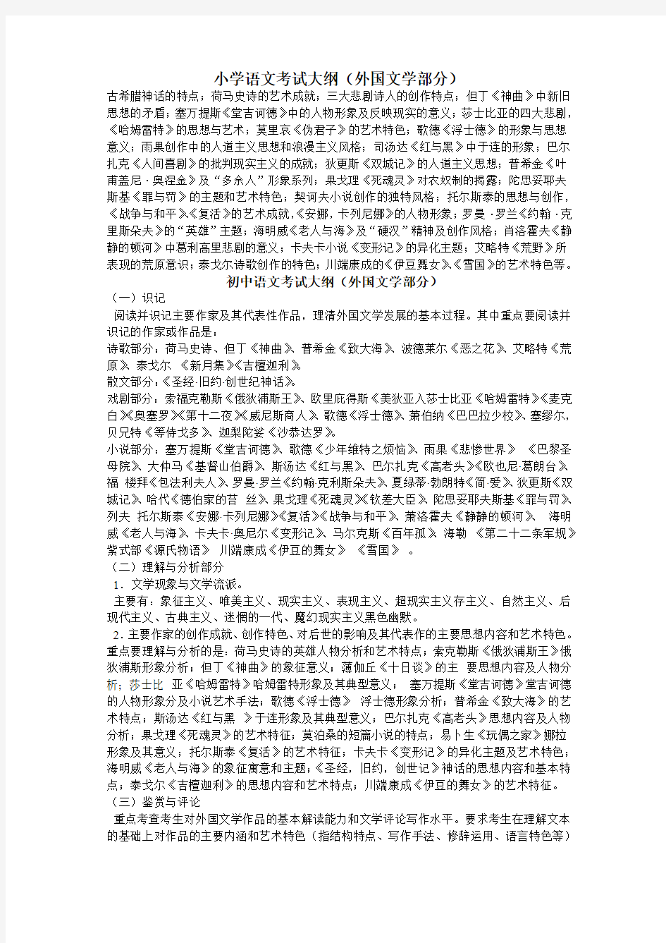 (外国文学)江西省中小学教师招聘考试大纲