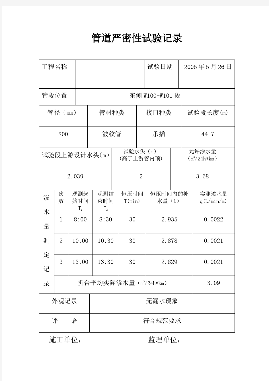 管道严密性试验记录