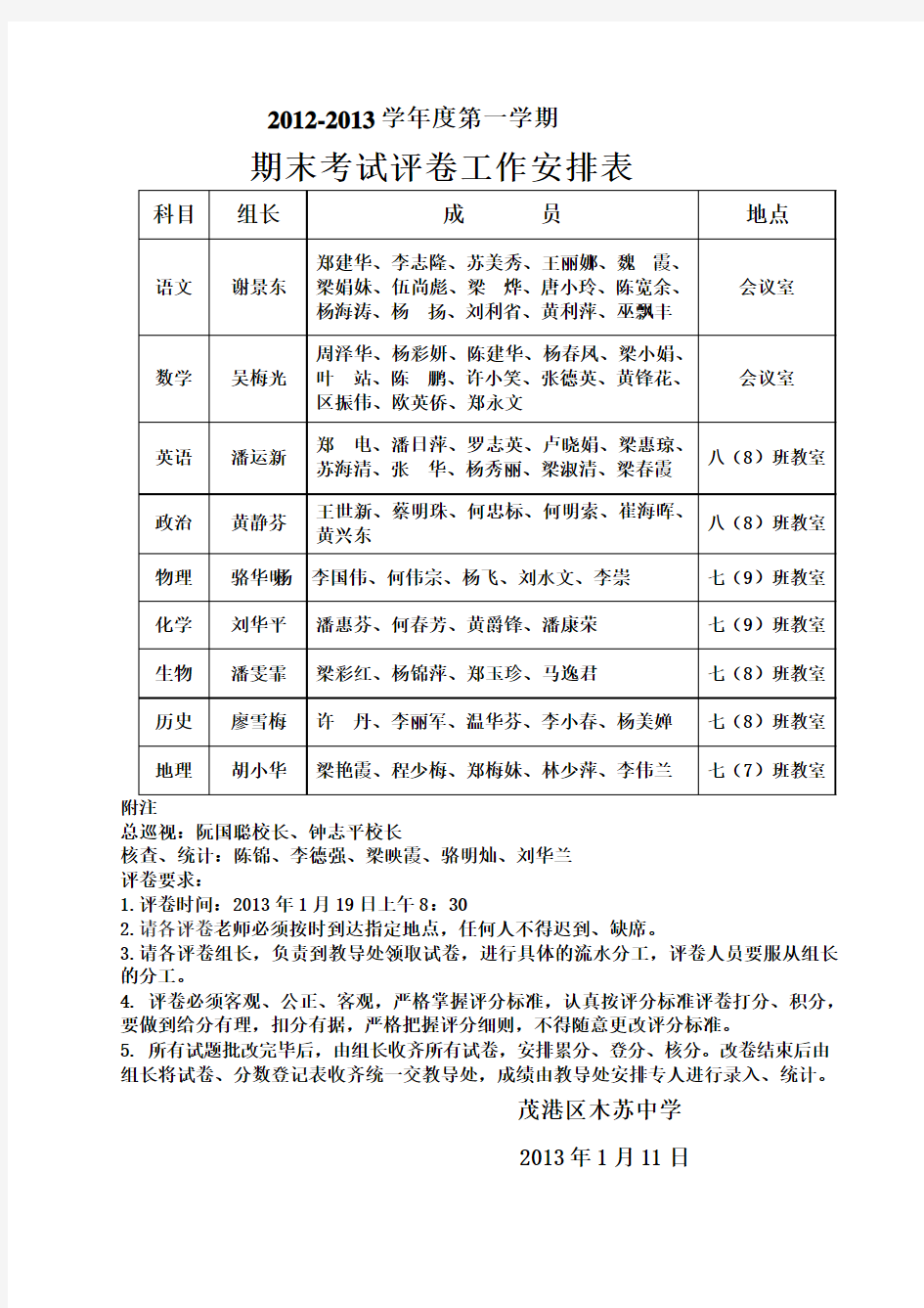 阅卷安排表