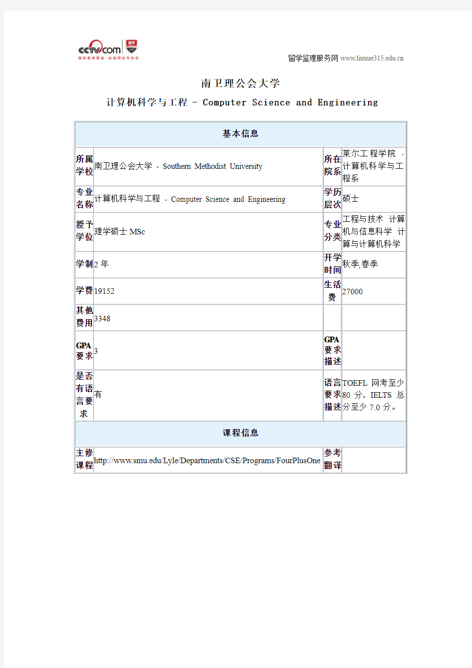 南卫理公会大学计算机科学与工程硕士