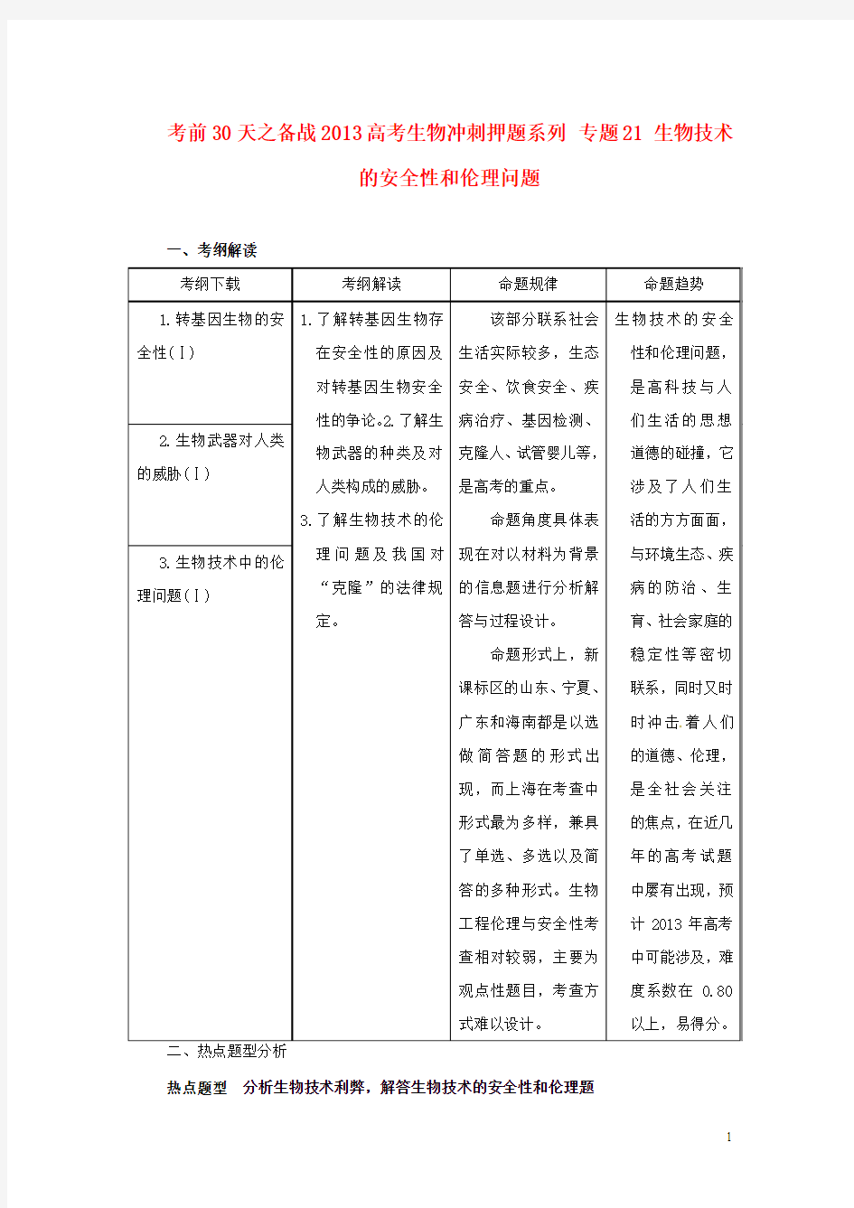 【备战2013】高考生物 考前30天冲刺押题系列 专题21 生物技术的安全性和伦理问题