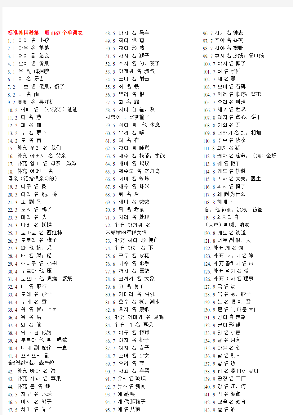 标准韩国语第一册单词表