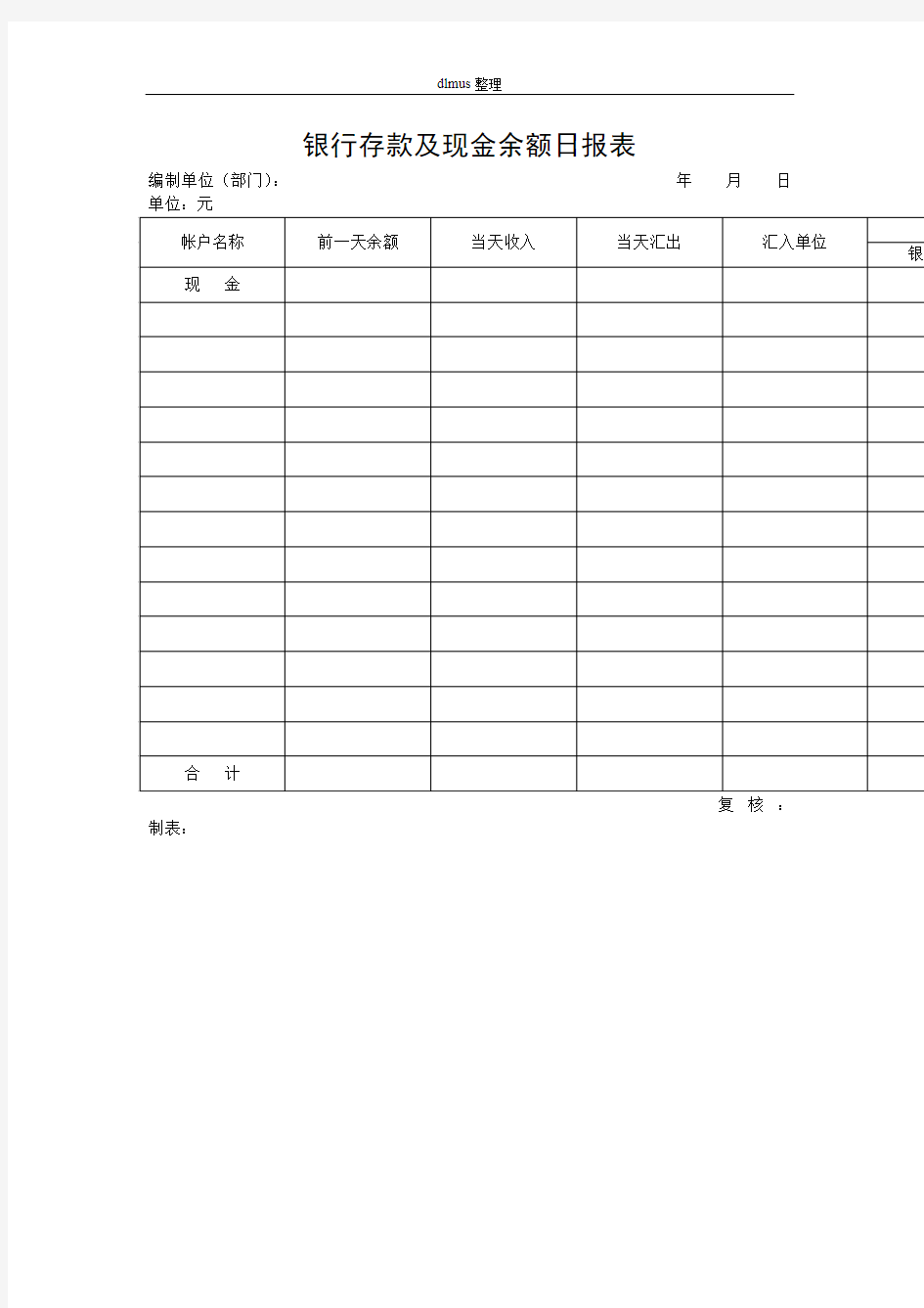 银行存款及现金余额日报表表格模板