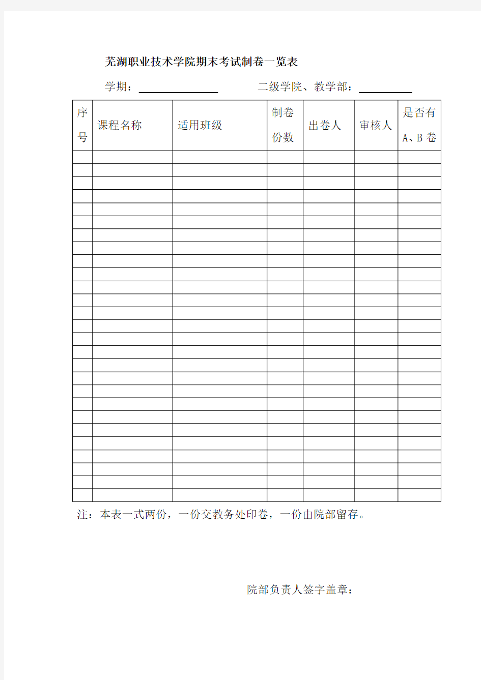 芜湖职业技术学院期末考试制卷一览表