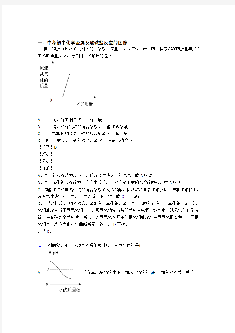 中考化学金属及酸碱盐反应的图像-经典压轴题附答案解析