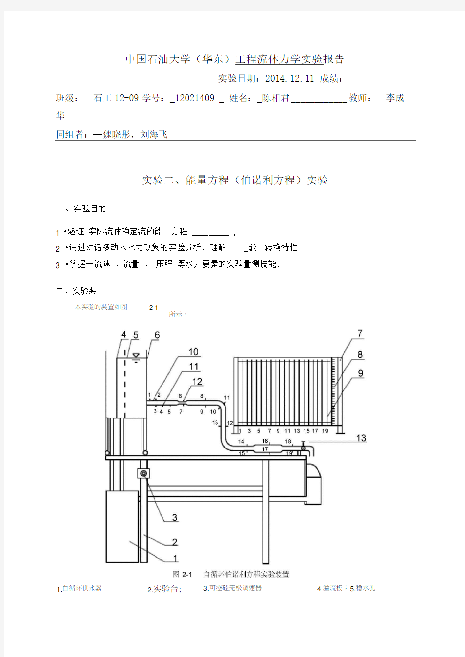 流体力学-伯努利方程实验报告