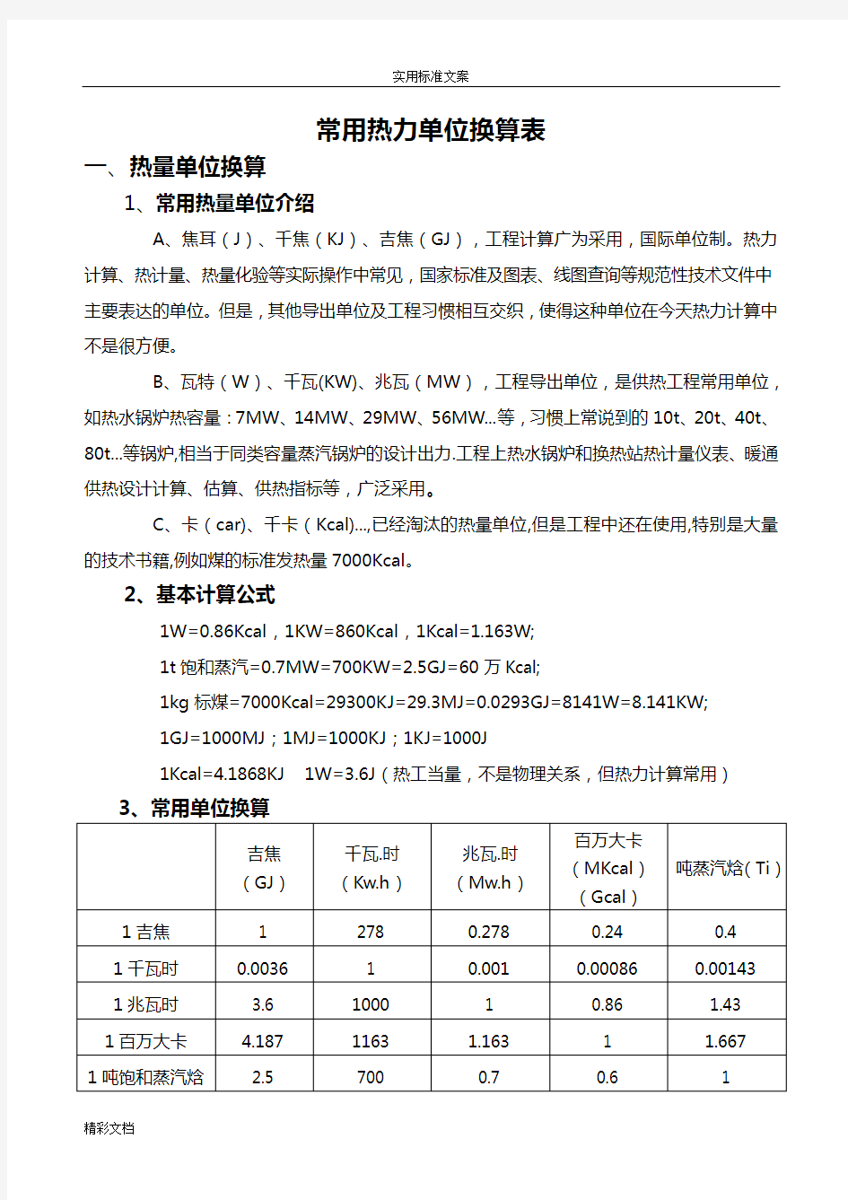 常用的热力单位换算表