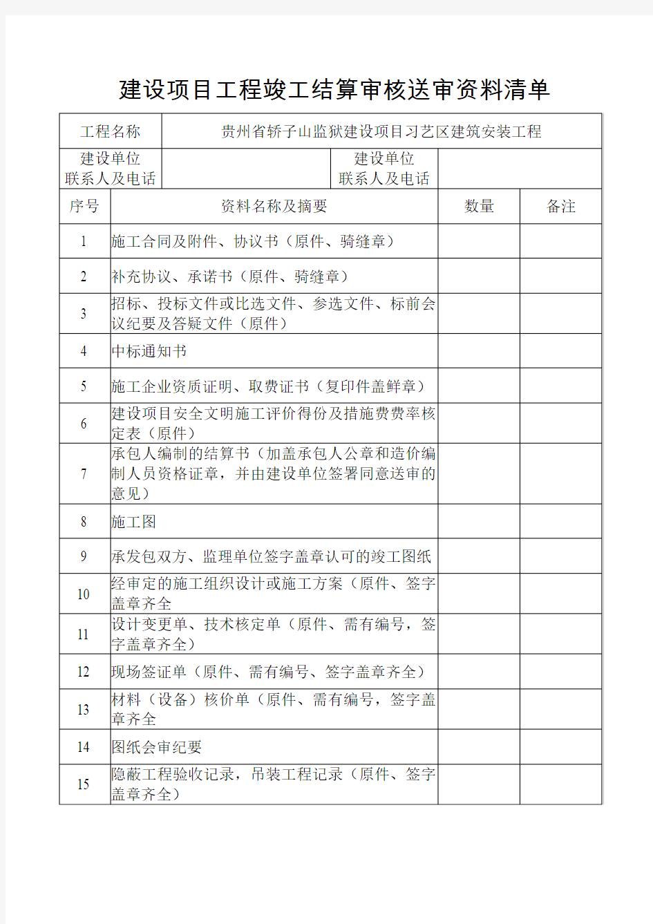 建设项目工程竣工结算审核送审资料清单