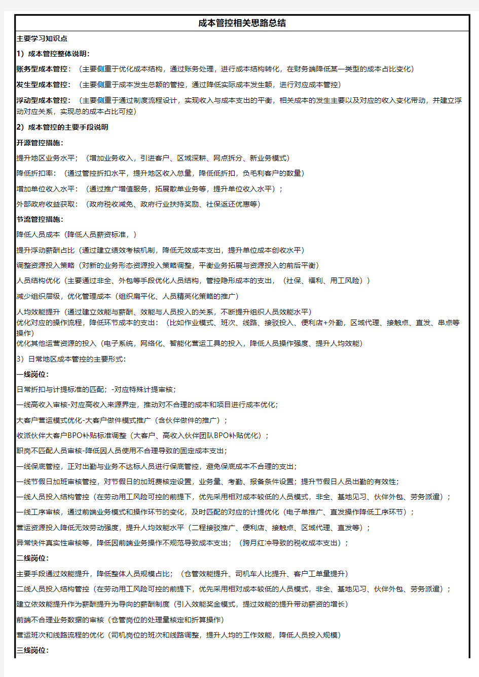 【工作总结】成本管控相关思路总结