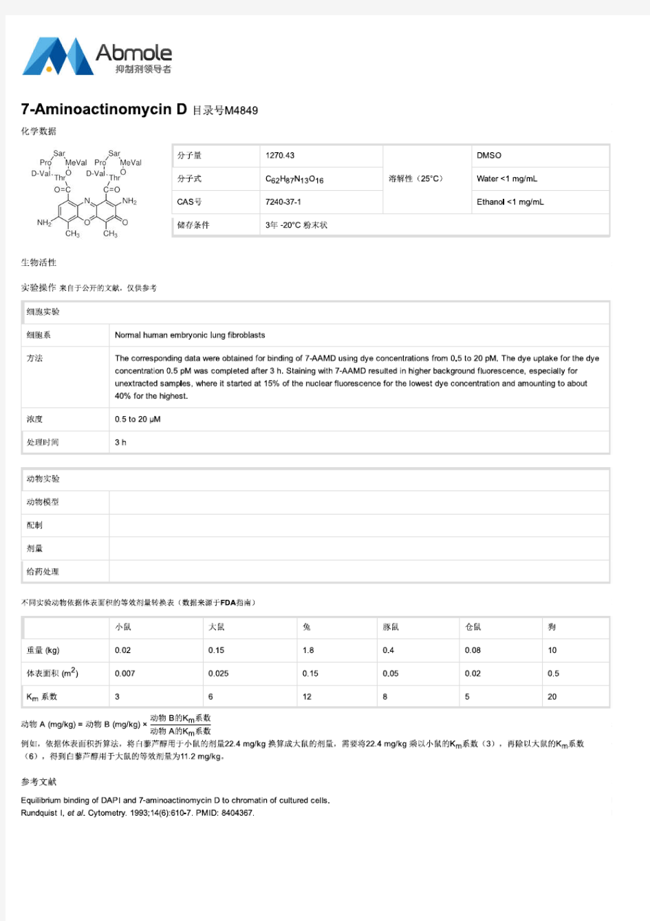 7-Aminoactinomycin D抑制剂生物数据说明书M4849