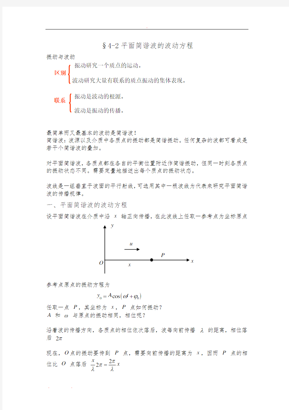 大学物理平面简谐波波动方程