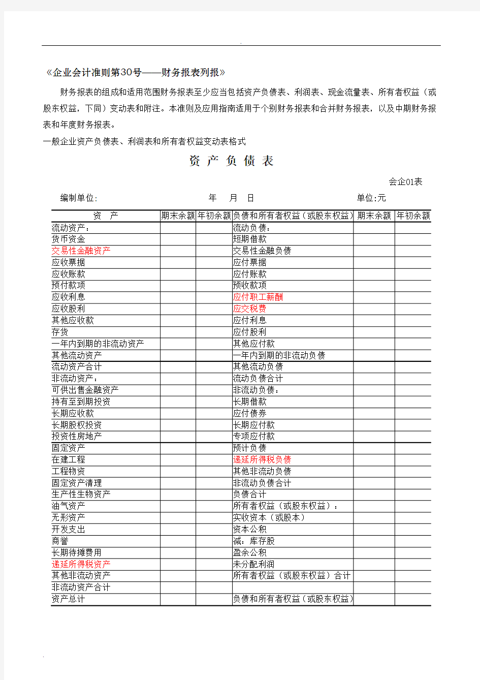 最新财务报表标准格式-完整版