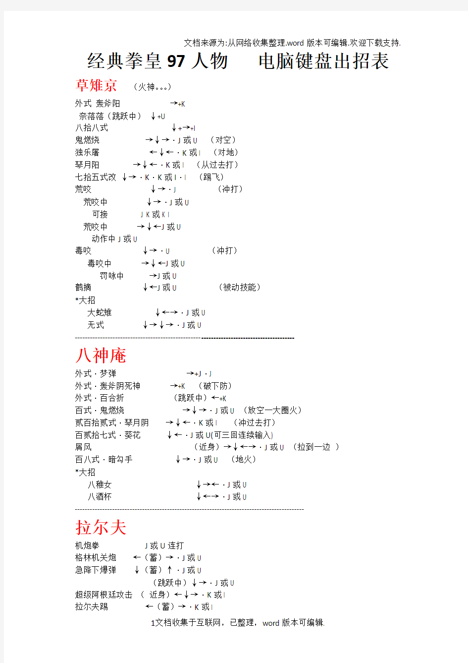 拳皇97人物绝对电脑键盘出招表带图