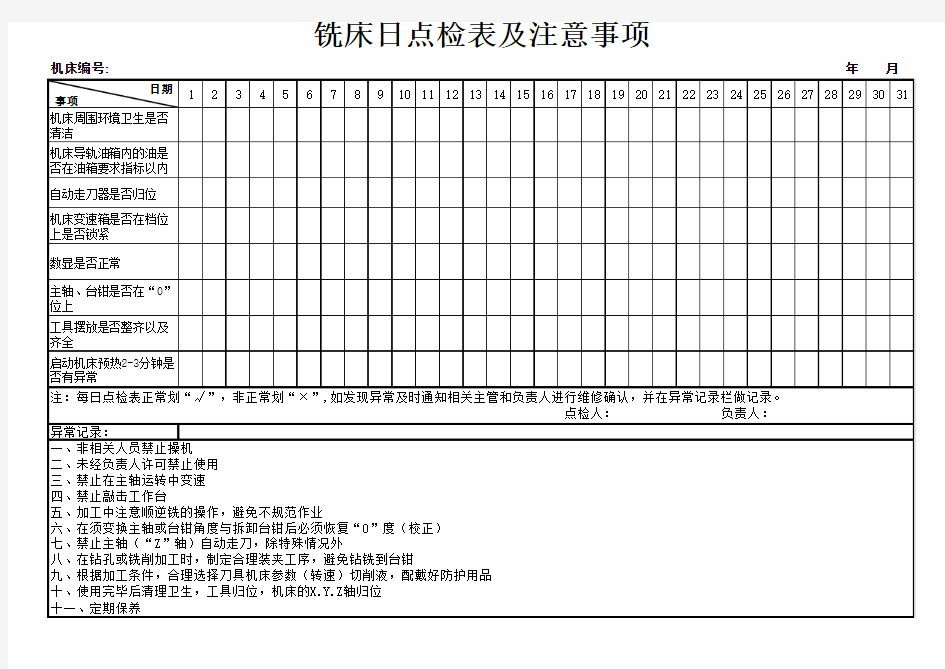 铣床日点检表及注意事项