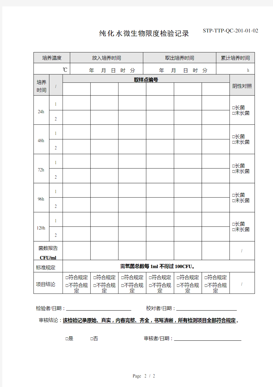 纯化水微生物限度检验记录