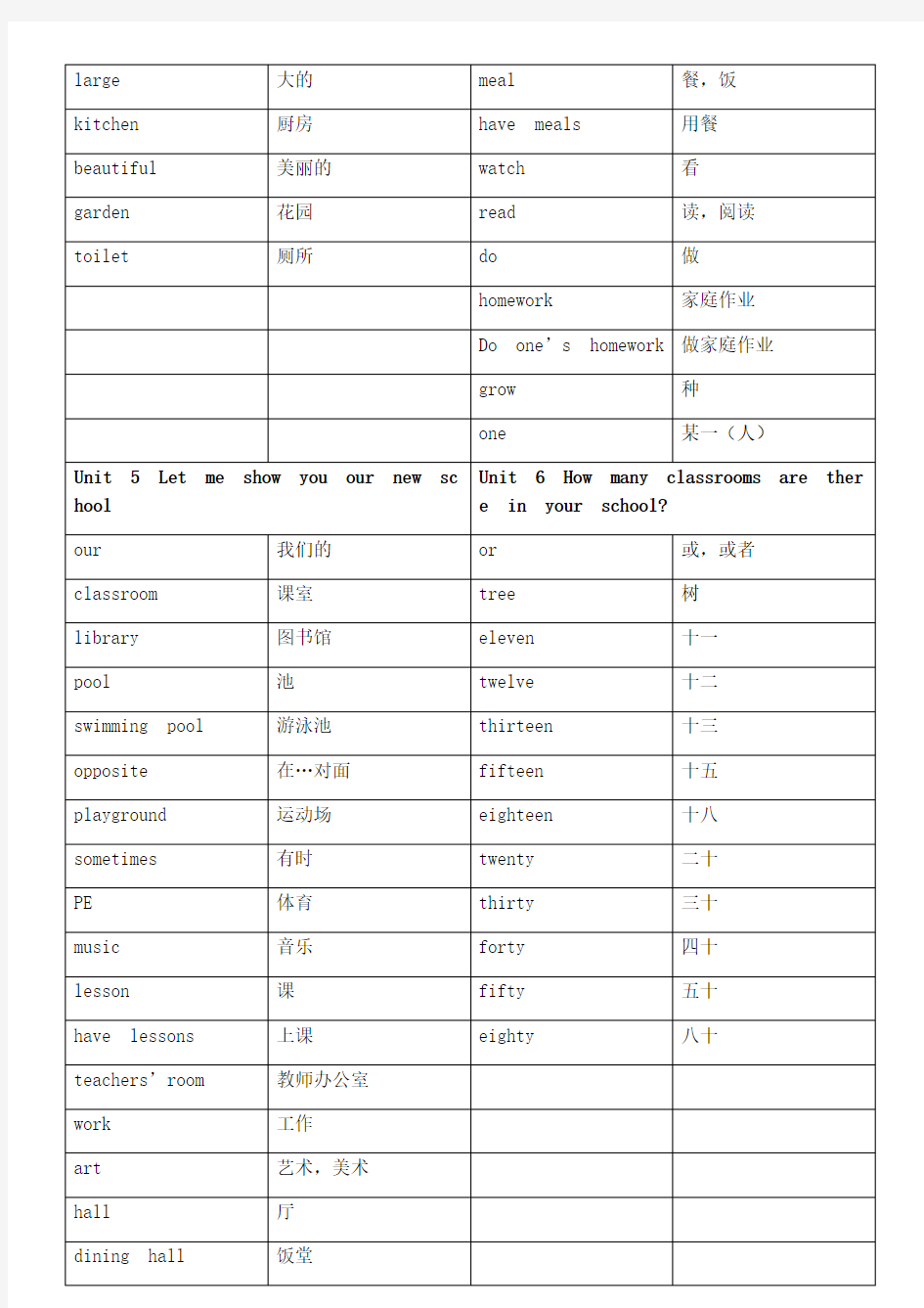 广州版英语四年级上册单词表