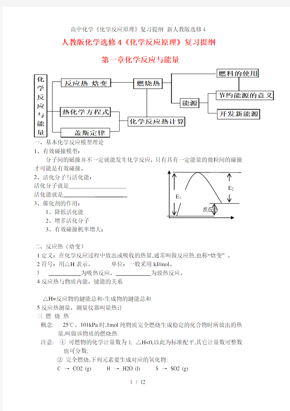 高中化学《化学反应原理》复习提纲 新人教版选修4