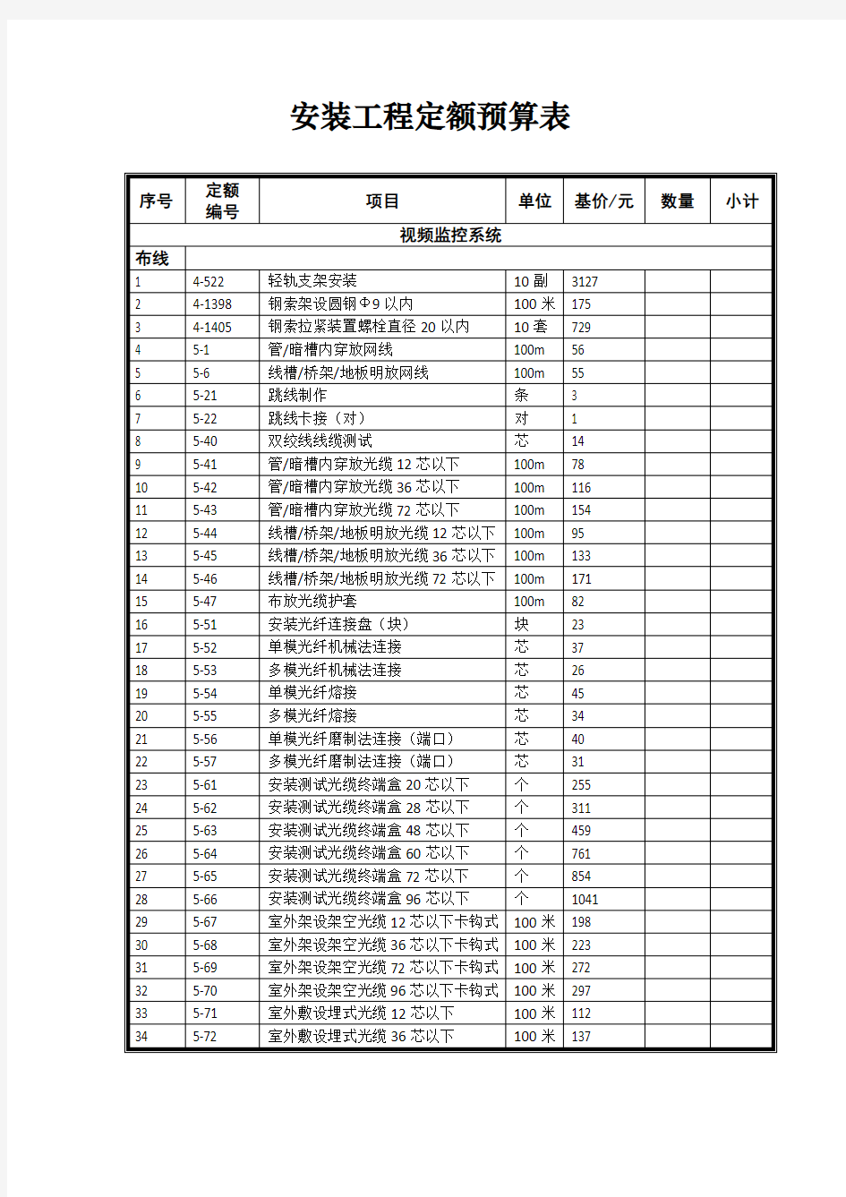 视频监控工程安装定额预算